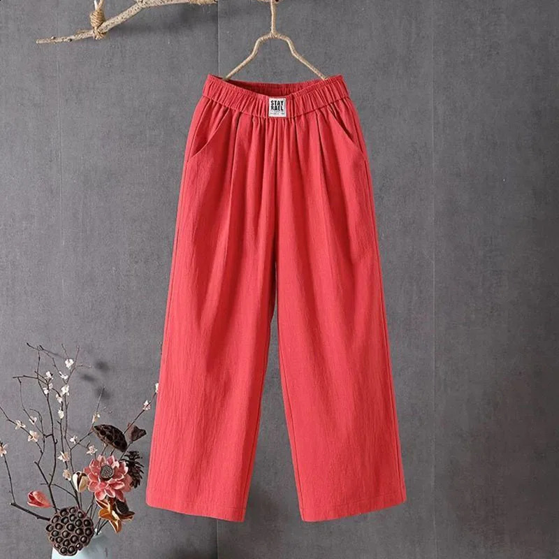 Xpqbb Summer Cotton and Linen Pants Women Casual Loose Elastic Waist Straight Trousers Female Vintage Solid Color Wide Leg Pants 240829