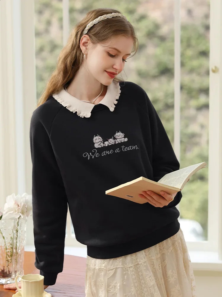 I believe you Womens wool hoodie with two doll collars loose winter top thick soft jumper 2234195461 240827