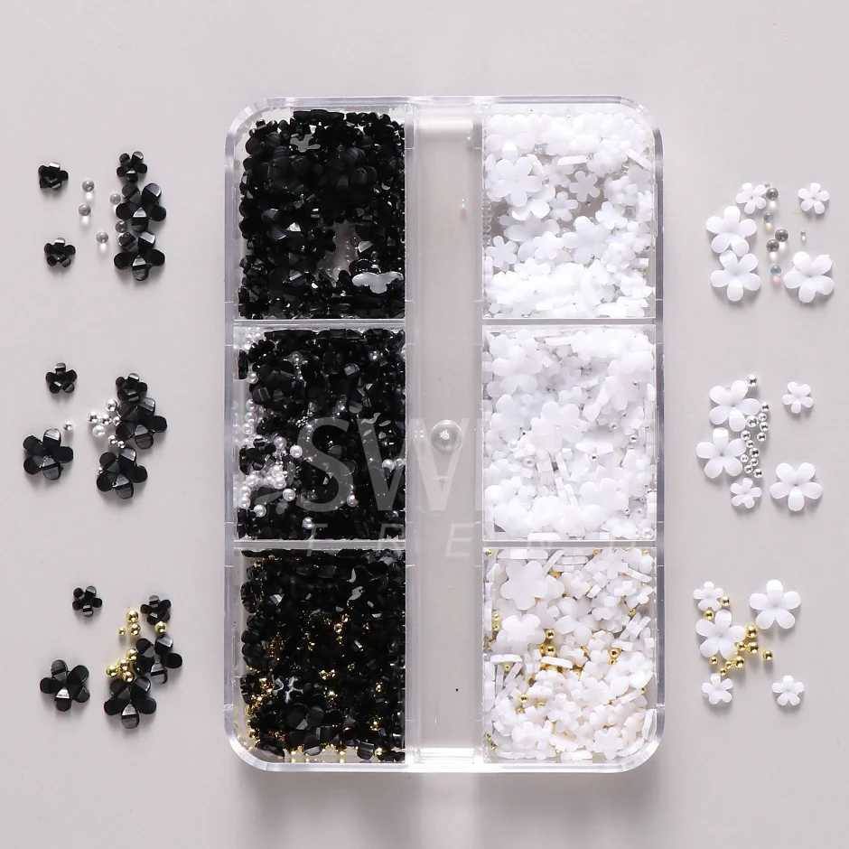 6 grid nail art decoration pink and white acrylic flower charm DIY parts with gemstone rhinestone used for accessory tool SASZCT-156 W240829