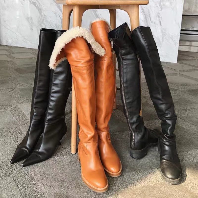 Winter Black New Genuine Leather Lamb Wool Over The Knee Woman Round Toe Slip On Tube Warming Fur Long Thigh Boots 1a26