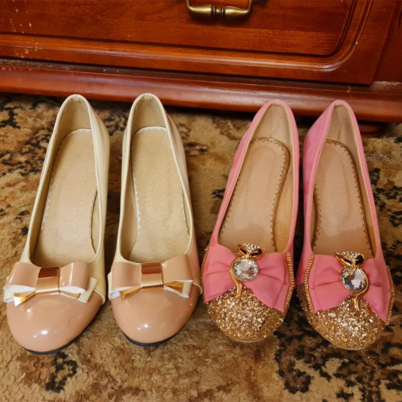 Low Crystal Heels Casual Women's Pumps Round toe Sweet Bow-tied Black Pink Blue Heeled Wedding Party Shoes Ladies 36eb