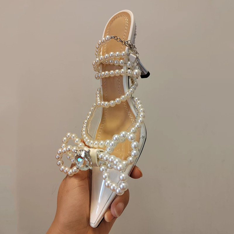 Rhie Clear Soft PVC Women Pumps Sexy Quality Ankle Strap Pearls Bowknot Thin High Heels Fashion Summer Wedding Bridal New Shoes Bc17 B1d1