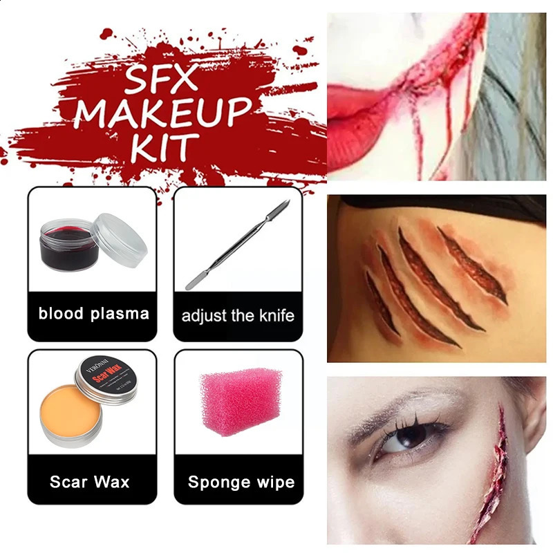 2/4/5 SFX makeup sets special effects Halloween party wound scar wax makeup paired with spatula sponge to create a blood splatter shape 240829