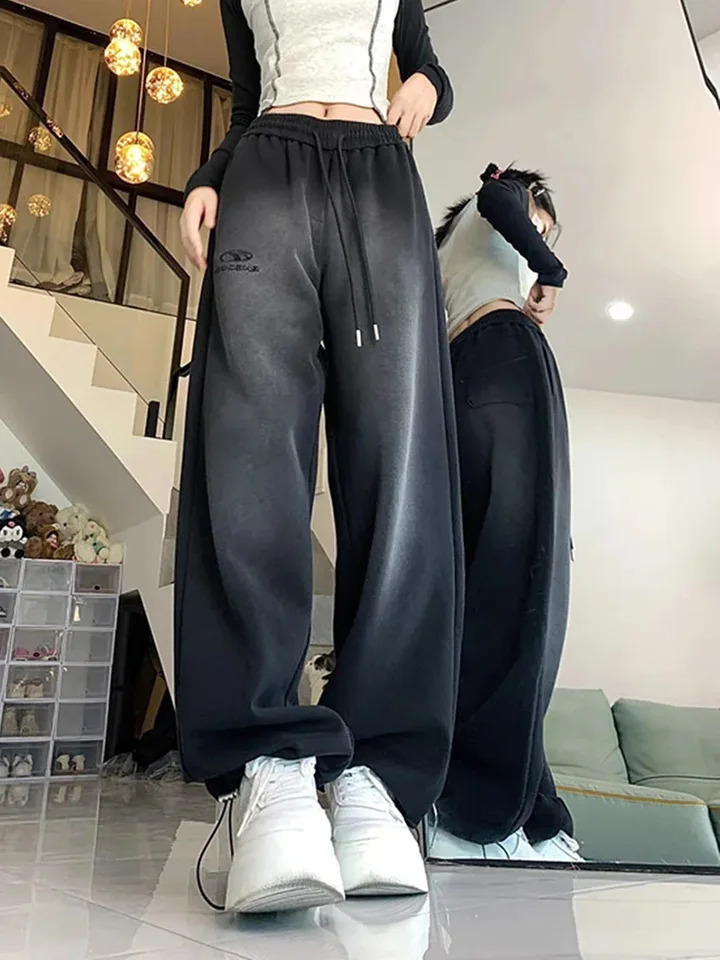Zoki Vintage Y2K Sports Pants Womens Harajuku Street Clothing High Waist Letter Trouser Autumn American Casual Lace Bf Hip Hop 240827