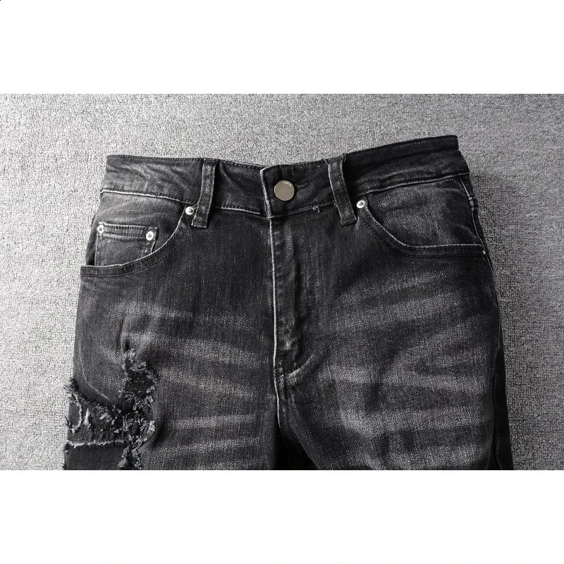 Mens Distressed High Streetwear Jeans Letters Knees Holes Stretch Tight Jeans 240829
