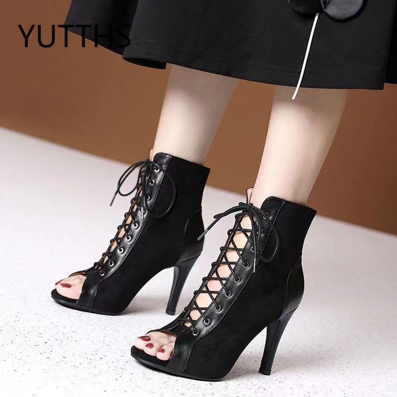 Sandalis Mujer Lace Up Sandals Women 2023New Summer Hollow Short Thin Heel High Heels Dance Party Shoes Large 43 Women's Sandals
