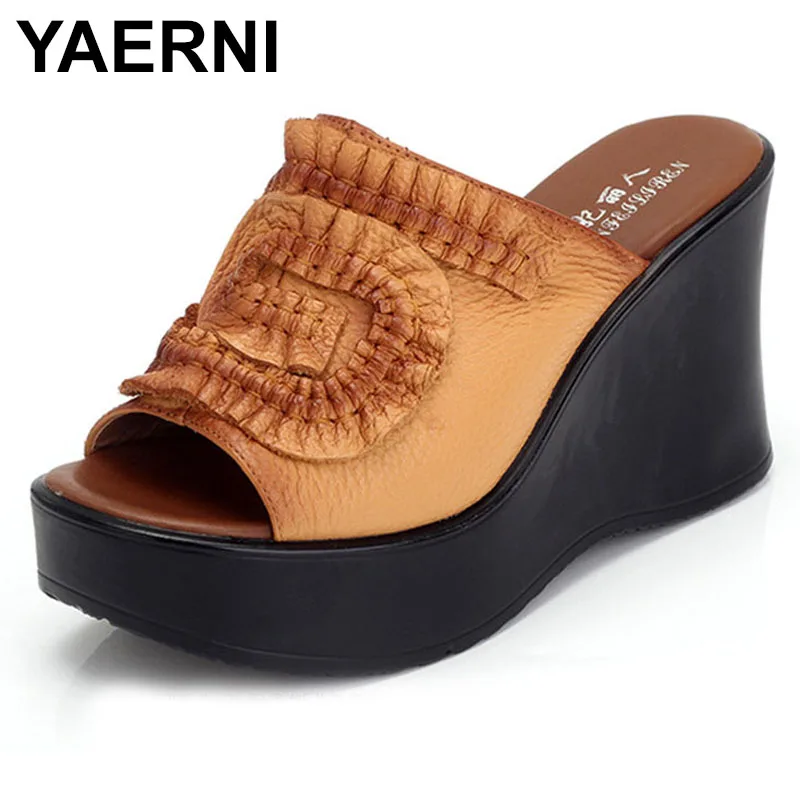 YAERNI Genuine Leather Women Sandals Shoes Woman Summer Wedge Sandals Women Color Block Decoration Sandals Mother Shoes Plus