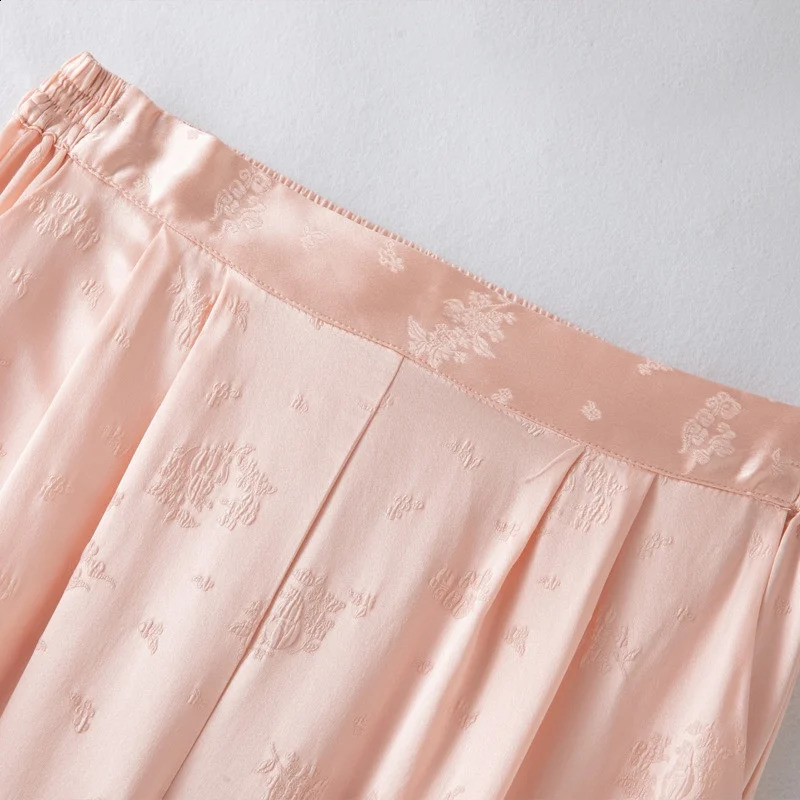 Womens Fashion Summer Pink 50% Natural Mulberry Silk Crown Satin Jacquard Pocket n Casual Wide Leg Pants 240827