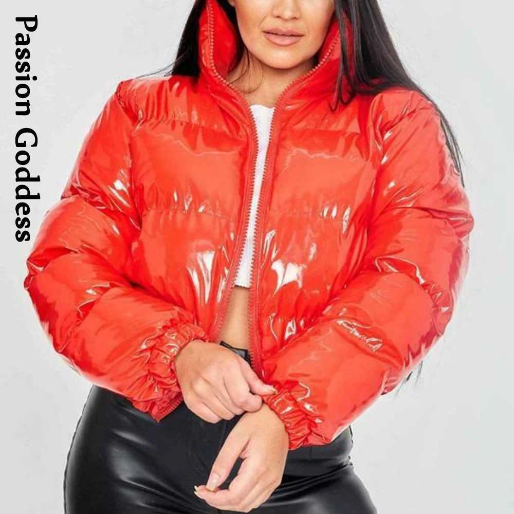 Women's Down Parkas Autumn Winter Women Bright Leather Puffer Jackets Warm Loose Cute Bubble Coats Parkas Down Stand Collar Solid Color Parkas XX