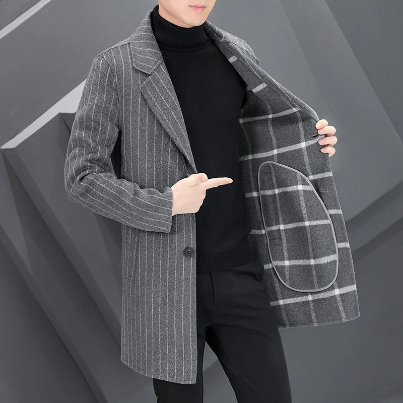 Business and leisure mens autumn and winter striped wool coat mid length coat top-grade wool coat daily thick warm windproof jacket 240829