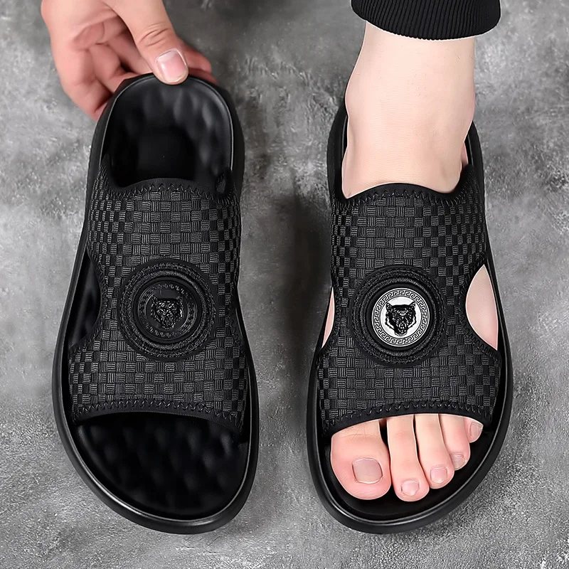 2024 Summer New Shoes for Men Slippers Fashion Casual Slides Comfortable Street Cool Beach Shoes Black Knit Sandals