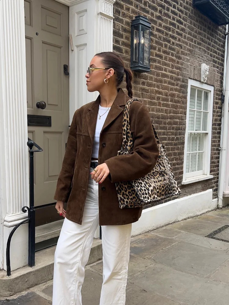 Womens chic brown casual suede jacket with collar long sleeves single chest pocket autumn solid office womens commuting top 240830