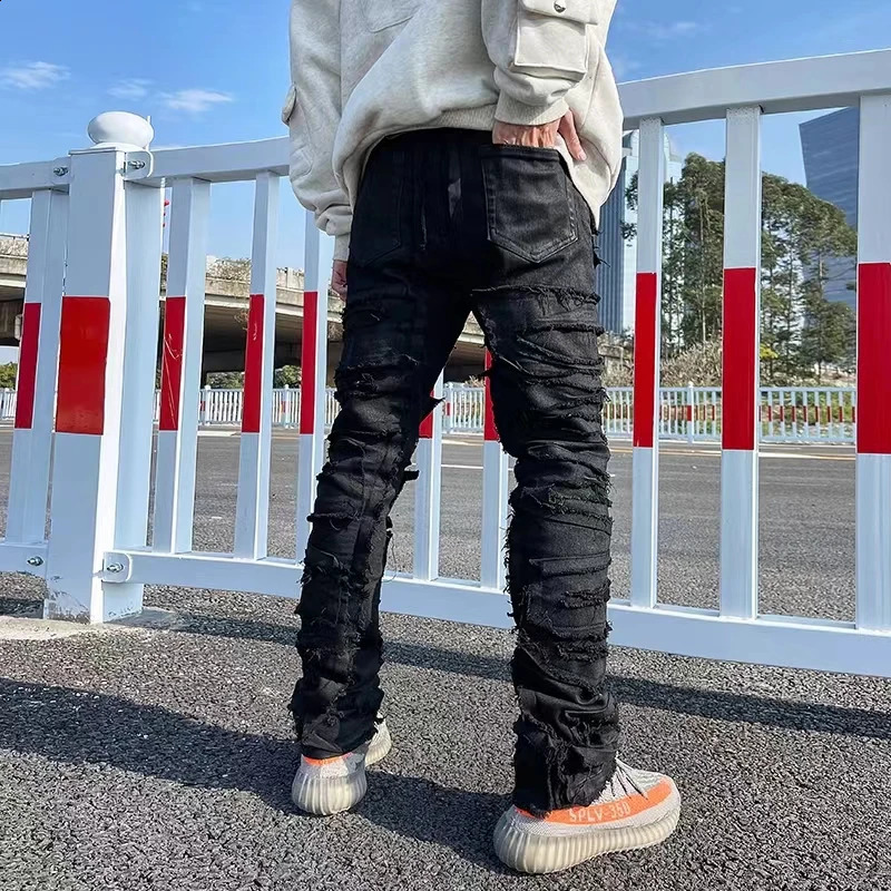 Heavy Industry Hole Frayed Destruction Waxed Jeans Mens High Street Retro Straight Ripped Pencil Pants Oversize Denim Trousers 240826Z