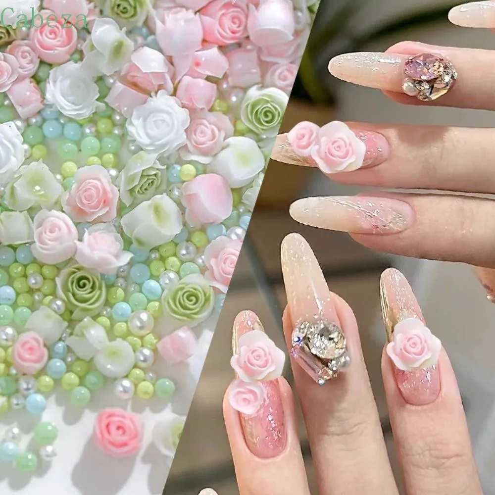 30 pieces/bag Rose Design Nail Charm 3D Mixed Pearl Bead Water Diamond Round Flower Nail Decoration Romantic Valentines Day Supplies W240829