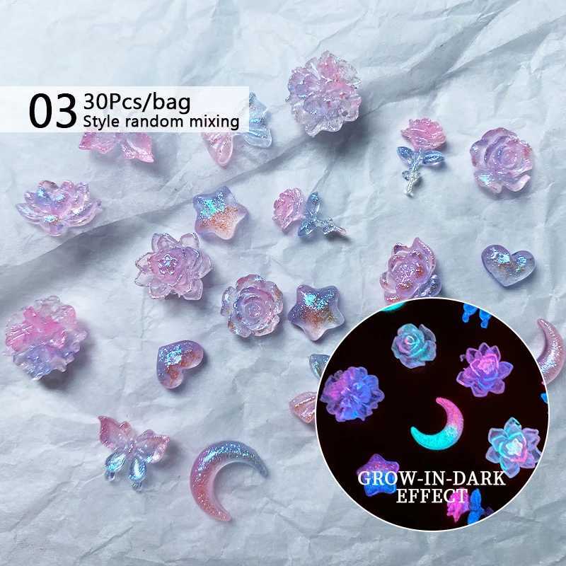 Mixed Aurora Luminous Rose Flowers 3D Nail Art Decoration Moon Star Heart Butterfly Kawaii Nail Charm DIY Ergonomic Accessories W240829