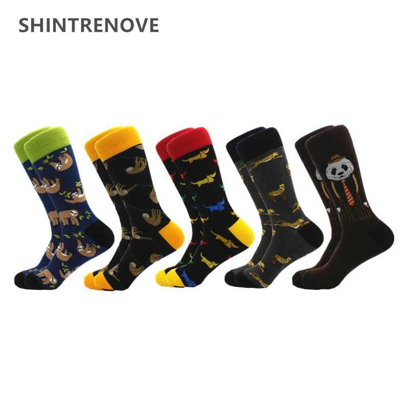 Men's Socks 5 Pairs/Lot Mens Socks Casual Combed Cotton Happy Man Socks With Print Animal High Quality Compression Funny Socks Men Y240830KA4F