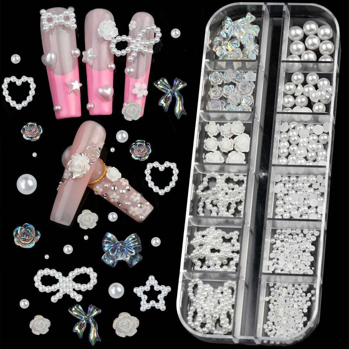 12 Grid Resin 3D Nail Art Charm Camellia Rose Heart Star Pearl Accessories DIY Bow Decoration Box W240829