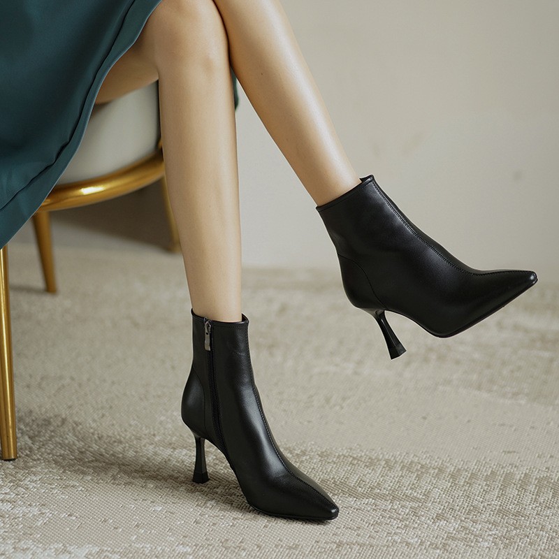Women's brown high-heeled soft leather pointed French slim heel boots