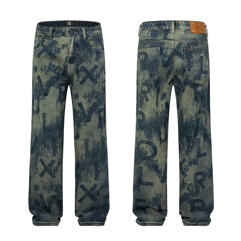 Y2K mens jeans with letter print straight leg denim pants wide leg loose fitting mens clothing 240829