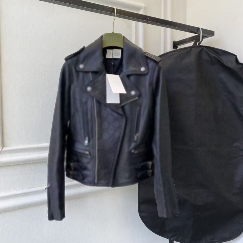 SS24 Leather Jacket Women temperament suit short letters embossed craft genuine leather motorcycle jacke high street fashion punch coat