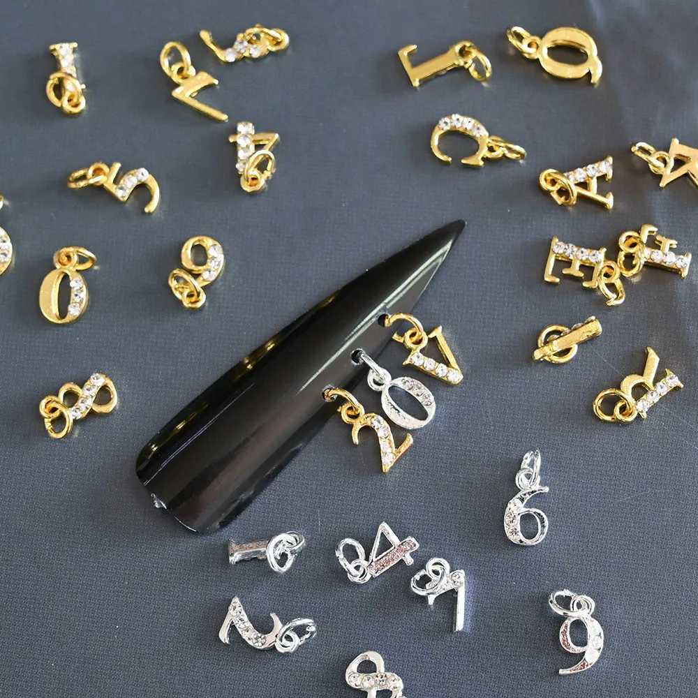 10/26 perforated ring letter 3D nail art charm (0-9)/A-Z pendant letter nail decoration gold/silver digital handmade pendant W240829