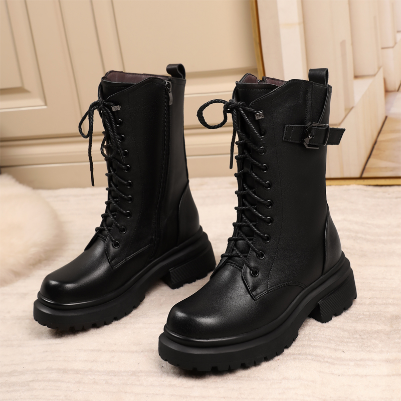 AIYUQI Women Boots Large Size Genuine Leather Thick Wool Warm Winter Biker Boots Women British Style Women Snow Boots