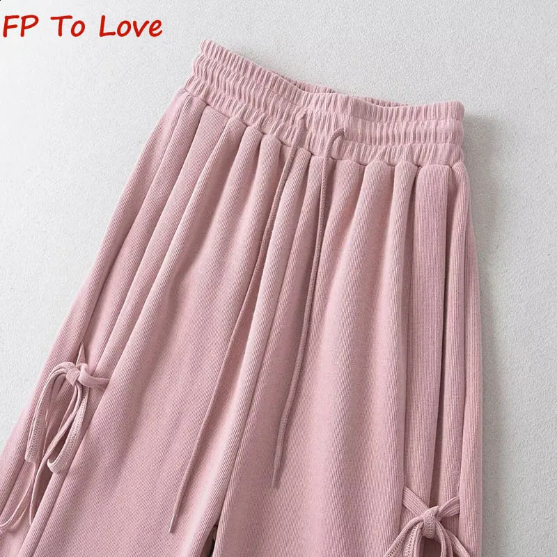 Y2K American spice side tie bow sports pants womens spring elastic waist casual 240827