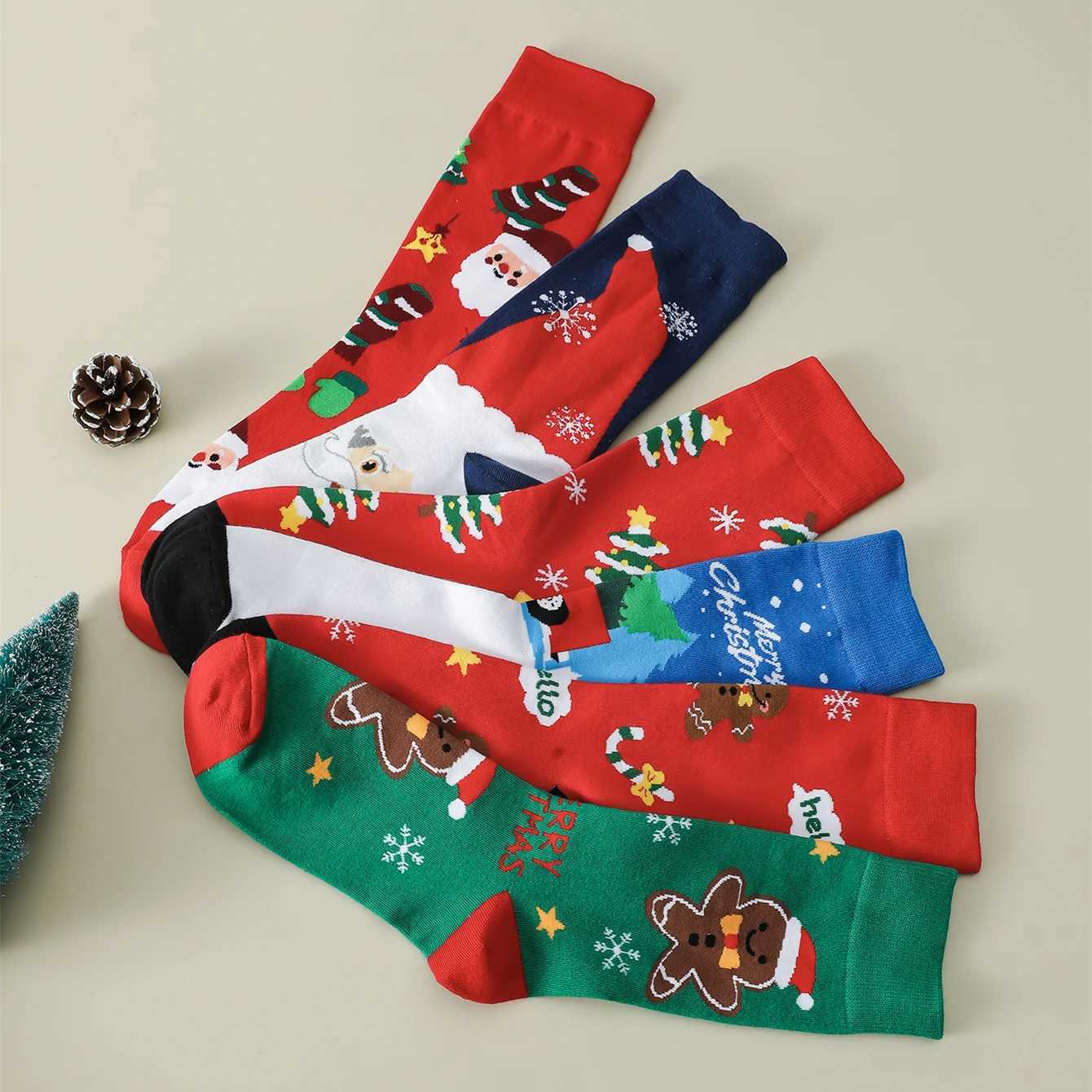 Men's Socks 6 Pairs Women Christmas Socks Cartoon Santa Claus Snowflake Xmas Tr Gifts Pattern Crew Funny Happy Socks New Year Y240830BQVH