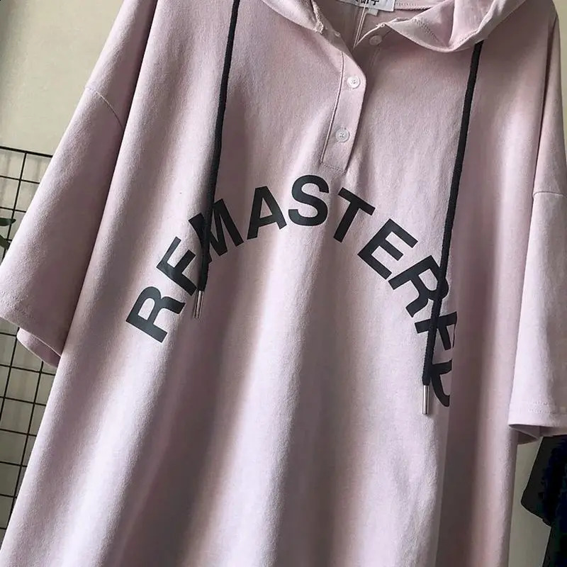 Oversized womens hoodie medium length short sleeved Tshirt summer Korean style loose casual 240827