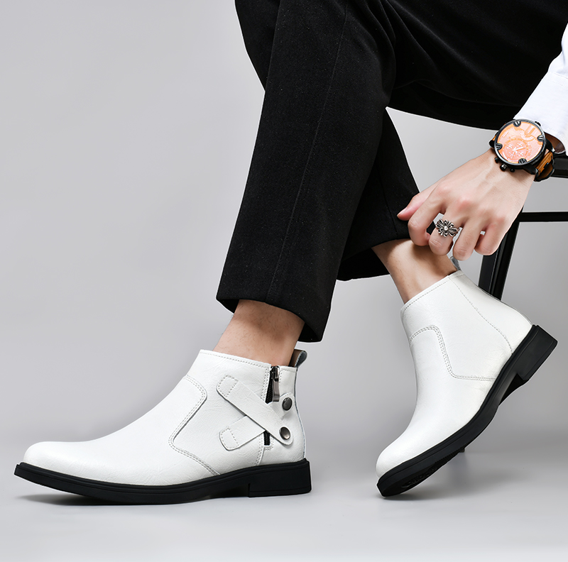 Style British Men Brown Zipper Metal Men's Business Genuine Leather Pointed Ankle White Boots 7b1f 's