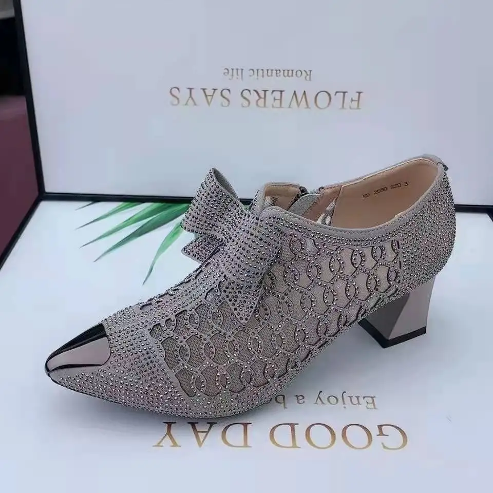 Hollow New Mesh 2023 New Summer Fashion Rhie Thick Heels Pointed Toe Zipper Sandals Designers Women's Shoes 31bd