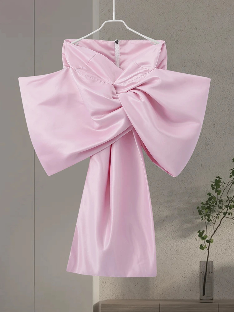 Elegant Pleated Satin Pink Bow Women Tops Sexy Off Shoulder V-neck Backless Cropped Tank Top 2024 Spring Summer Chic Lady Vest 240830