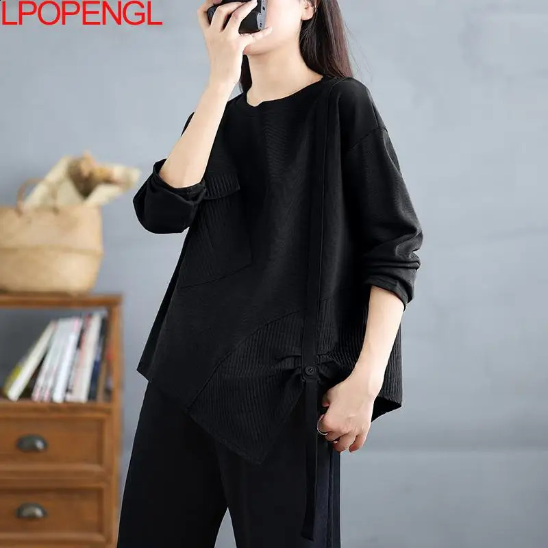 Fashionable womens Korean solid color irregular long sleeved sportswear Tshirt autumn edition loose zipper Oneck retro top 240827