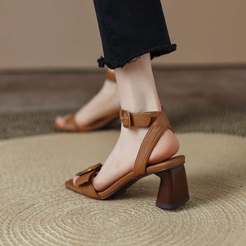 Buckle High Metal Heel Sandals: Square Toe Pumps for Women 4