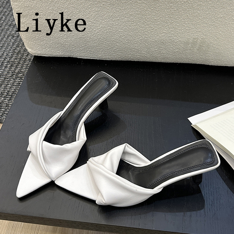 Liyke Fashion Design Pleated Blue Denim Women Slippers Cozy Mules Low Thin Heels Slides Shoes Pointed Open Toe Gladiator Sandals