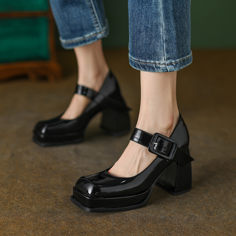 White Black Women's High Heels New Mary Janes Platform Genuine Leather Female Working Party Dance Wedding Shoes Dress Pumps ca1e