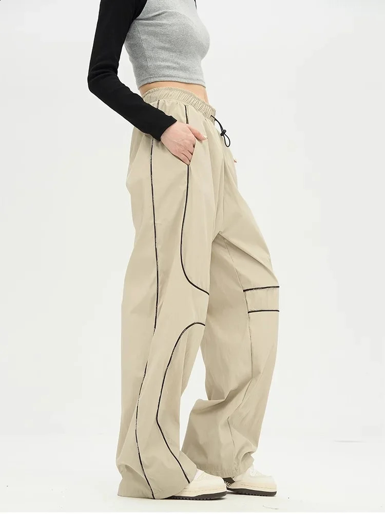 Womens retro Y2K striped reflective black sports pants with oversized wide legs for Trousers 240827