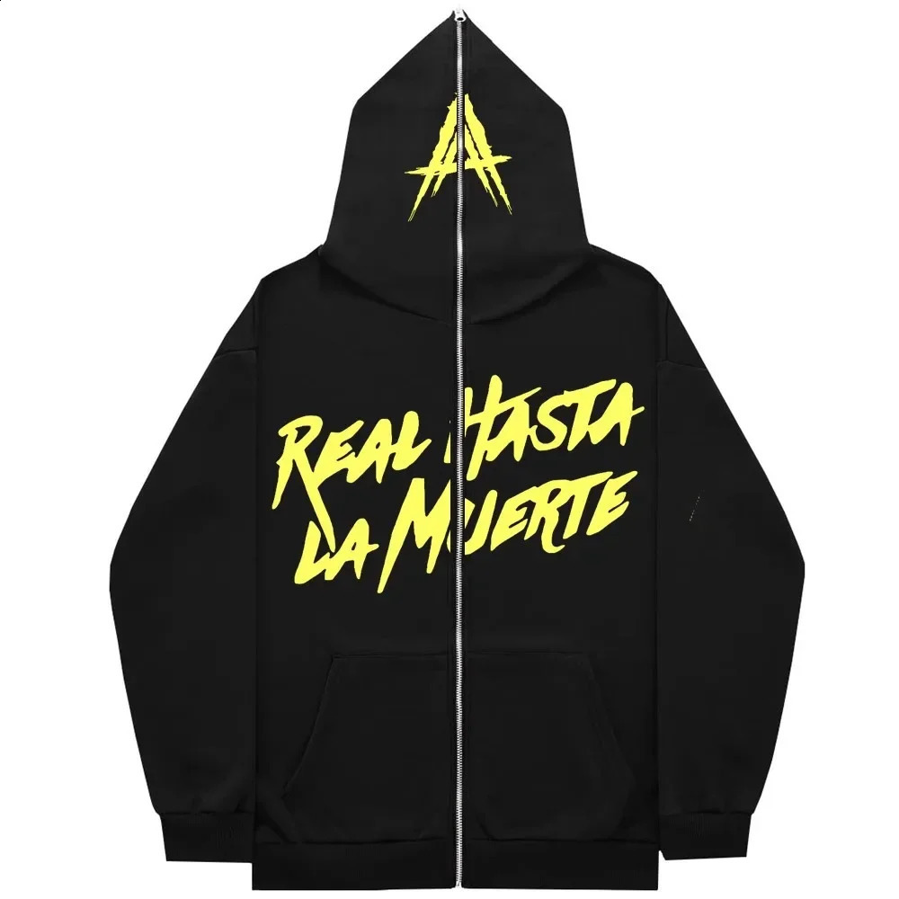 AA Real Hasta La Muerte full face zipper mens hooded sweatshirt unisex interior wool womens streetwear top 240829
