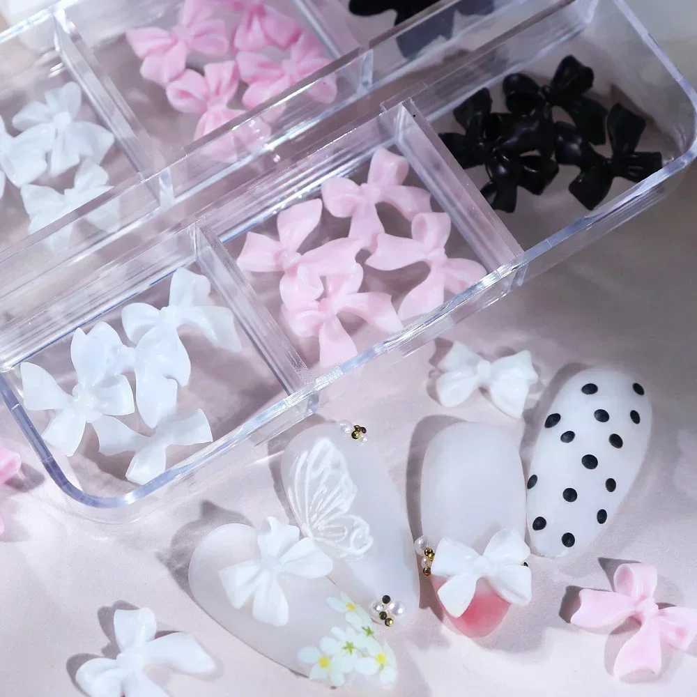6 Grid Pink White Ribbon Bow Nail Charm Korean Accessories Black Nail Art Tie Decoration Kawaii Accessories Handmade Design Supplies W240829