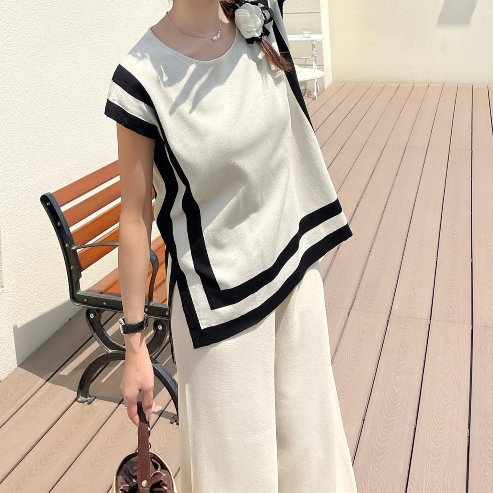 Irregular Side Split Womens Set Elegant ONeck Knitted Striped Sweater Top With Elastic Waist Wide Leg Pants Two Piece 240829