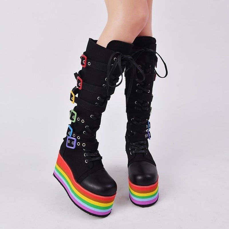 High Boot Knee Women Fashion Novelties 2022 Rainbow Platform Cowboy Boots Designer Thick Sole Shoes Botas Altas Plataforma Mujer 0316 s