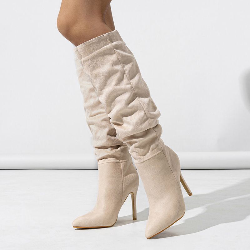 Liyke Fashion Design Pleated Knee Boots Women Sexy Pointed Toe Party Stripper High Heels Autumn Winter Motorcycle Shoes