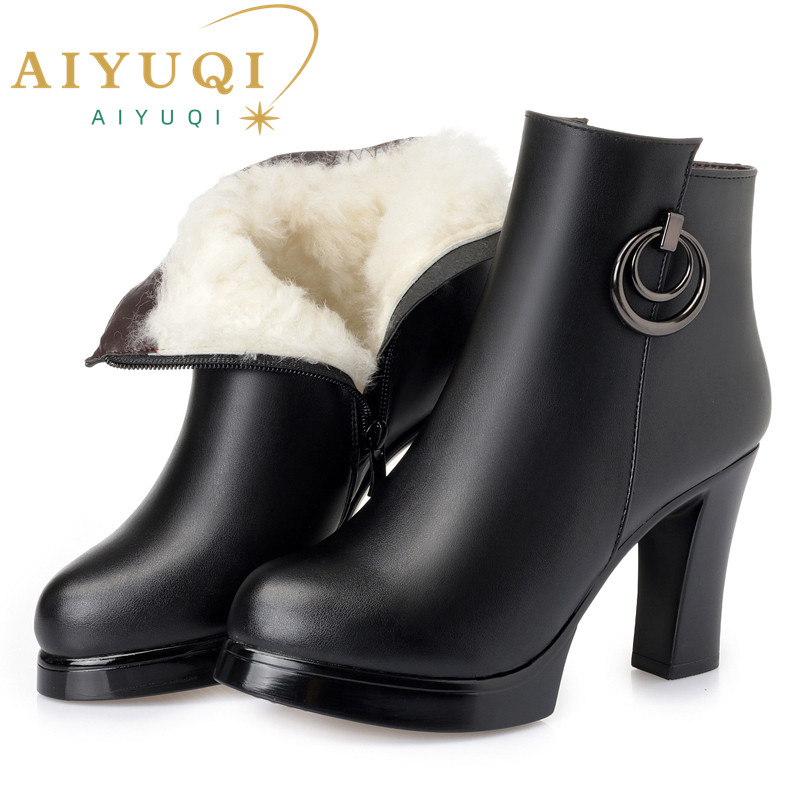 Ankle Boots Women Boots Winter Fashion Wool Female Snow Boots High Heel 2024 Genuine Leather Round Toe Black Gray High