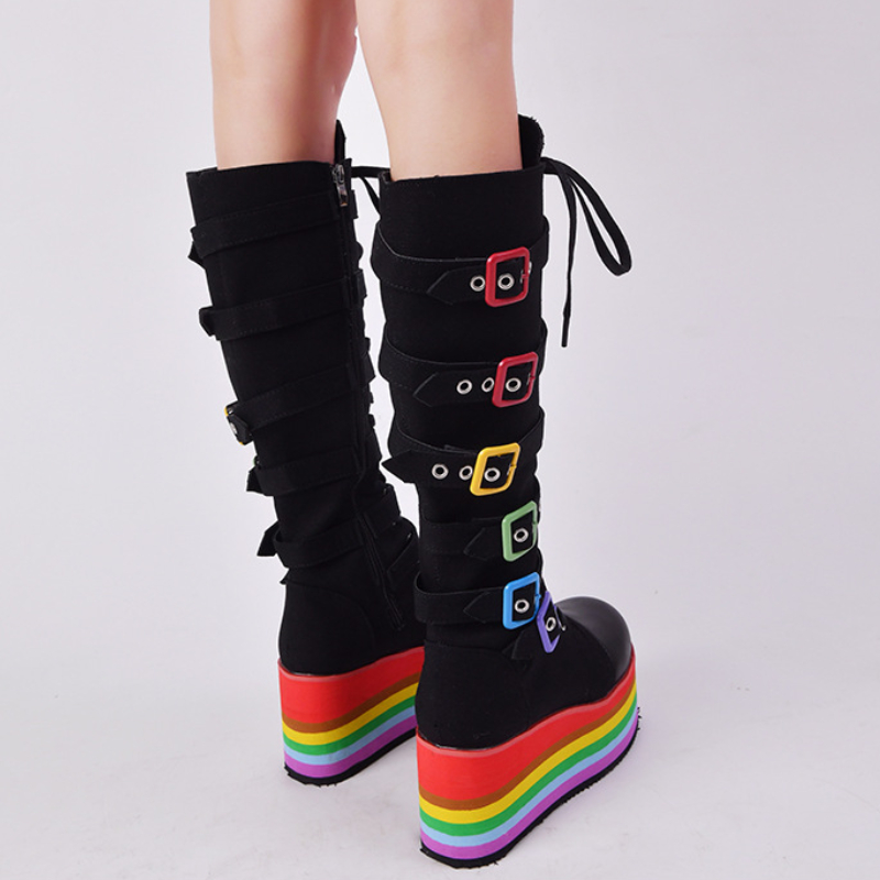 High Boot Knee Women Fashion Novelties 2022 Rainbow Platform Cowboy Boots Designer Thick Sole Shoes Botas Altas Plataforma Mujer 0316 s