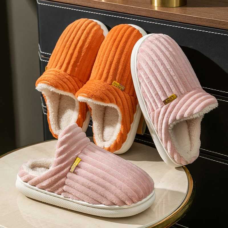 Winter couple style comfortable striped Plus womens non slip soft flip cover womens flat casual cotton shoesCL241017