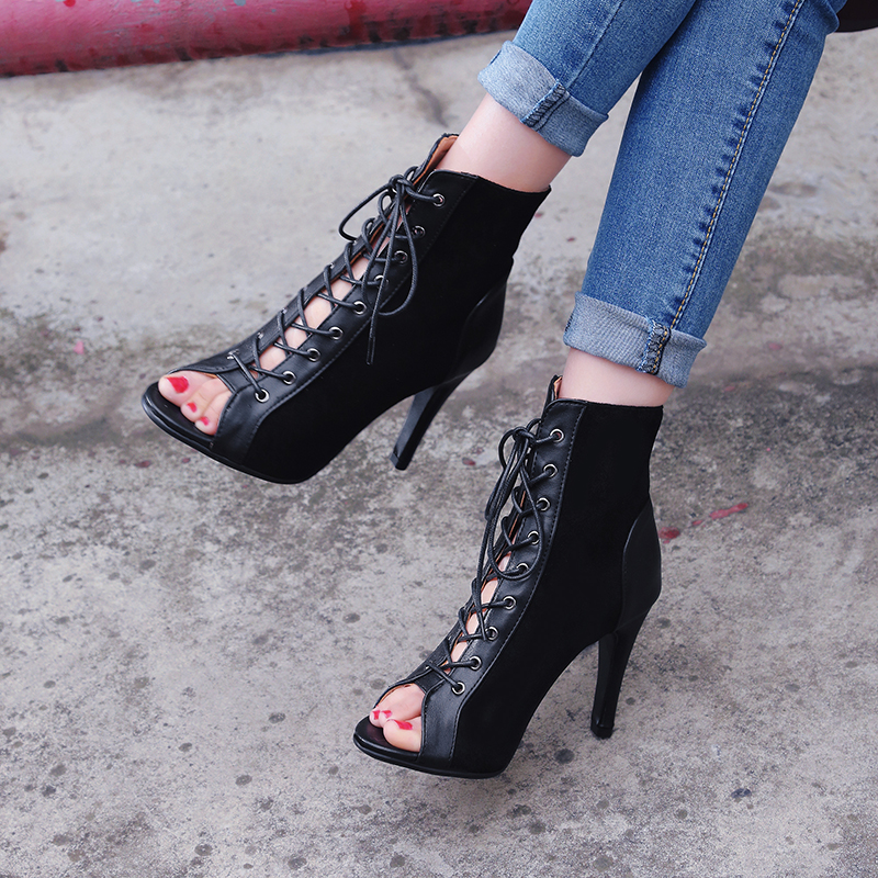 Peep Fashion Toe Summer Heels Ankle For Women Sexy Short Boots Ladies Lace Up Black Party Jazz Dance Shoes Female 2660