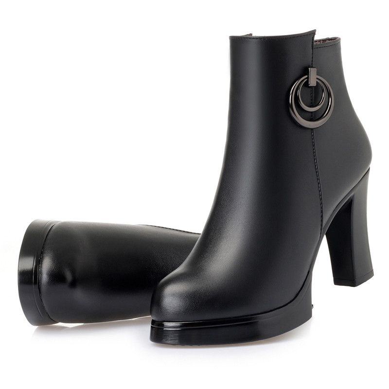 Ankle Boots Women Boots Winter Fashion Wool Female Snow Boots High Heel 2024 Genuine Leather Round Toe Black Gray High
