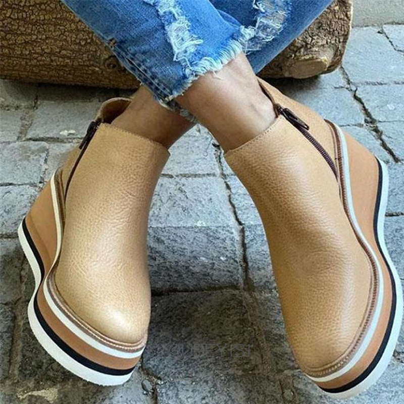 Size Plus Wedges Heels Women's Ankle Boots Comfortable Round Toe Lace Up and Zipper Shoes 2023 Autumn New Thicken botas de mujer 4624