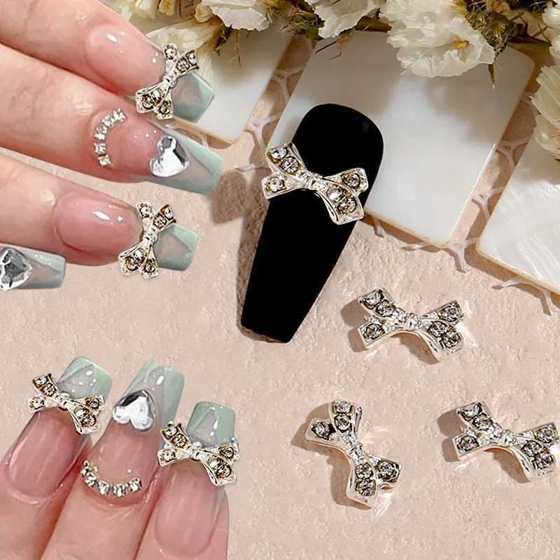 1 bag of 3D metal silver bow alloy nails artistic charm pearl nails rhinestones decorative glitter DIY jewelry accessories W240829
