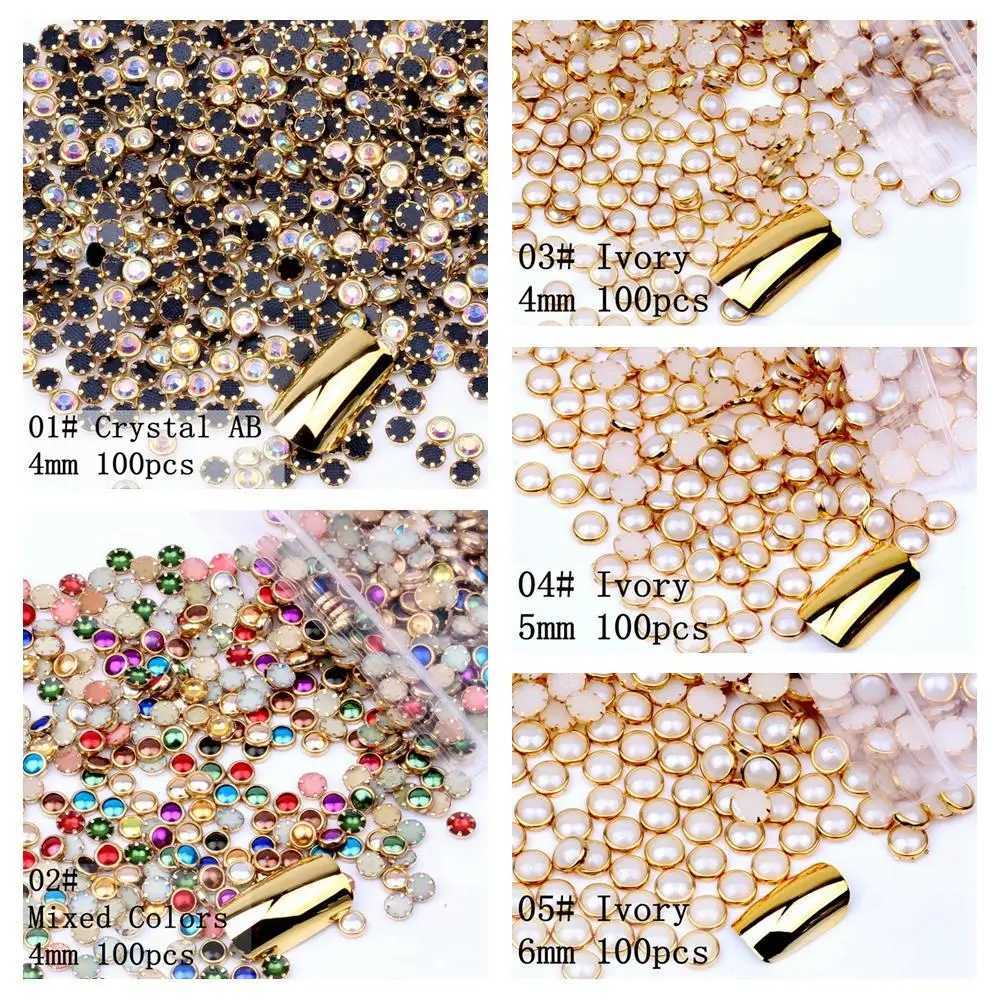 100pcs 4mm 5mm 6mm multi-color semi-circular pearl metal rhinestone DIY nail art nail bead beauty glitter decoration W240829